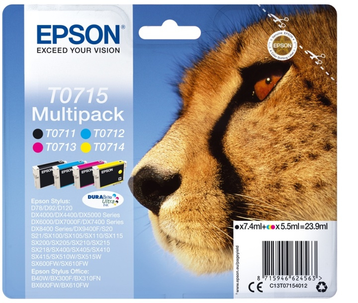 Epson Flerpack 4 färger T0715 DURABrite Ultra-bläck i gruppen COMPUTERTILBEHØR / Printere og tilbehør / Blæk og toner / Blækpatroner / Epson hos TP E-commerce Nordic AB (A14133)