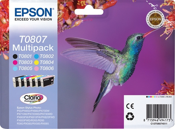 Epson Hummingbird Flerpack 6 färger T0807 Claria Photographic-bläck i gruppen COMPUTERTILBEHØR / Printere og tilbehør / Blæk og toner / Blækpatroner / Epson hos TP E-commerce Nordic AB (A14134)