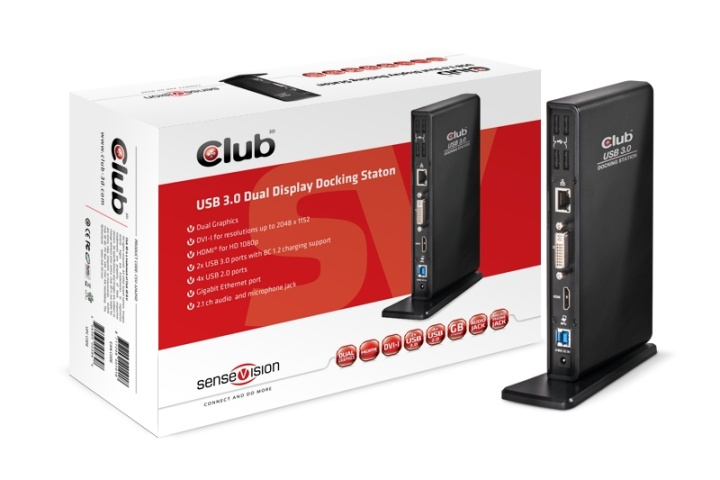 CLUB3D SenseVision USB3.0 Dual Display Docking Station i gruppen COMPUTERTILBEHØR / Bærbare computere og tilbehør / Docking stationer hos TP E-commerce Nordic AB (A14578)