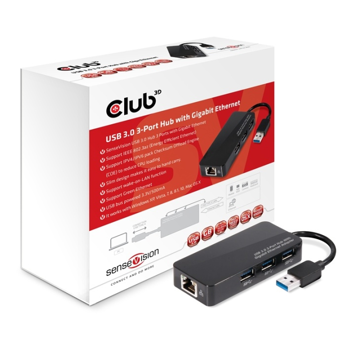CLUB3D USB 3.0 Hub 3-Port with Gigabit Ethernet i gruppen COMPUTERTILBEHØR / Computer Tilbehør / USB-hubs hos TP E-commerce Nordic AB (A14581)