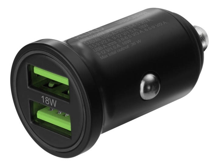 DELTACO USB car charger, 2x USB-A 18 W, fast charging, 36 W total i gruppen SMARTPHONES & TABLETS / Opladere og kabler / Bilopladere / Bil oplader USB hos TP E-commerce Nordic AB (A16664)