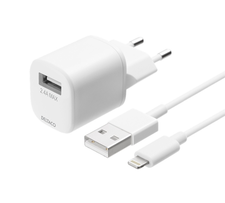DELTACO USB wall charger, USB-A, 2,4 A, incl. 1 m USB-A to Lightning i gruppen SMARTPHONES & TABLETS / Opladere og kabler / Vægoplader / Vægoplader USB hos TP E-commerce Nordic AB (A16670)