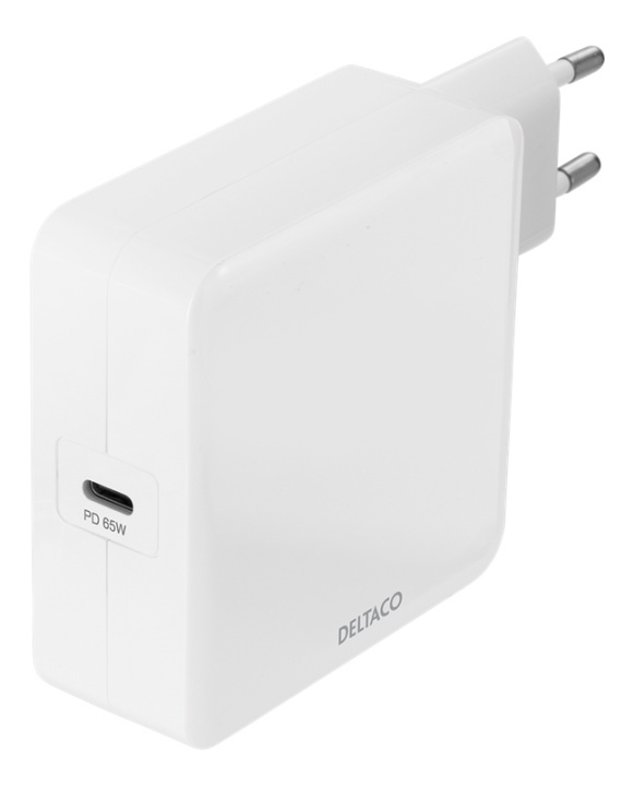 DELTACO USB-C PD wall charger, 65 W, white i gruppen SMARTPHONES & TABLETS / Opladere og kabler / Vægoplader / Vægoplader USB hos TP E-commerce Nordic AB (A16671)