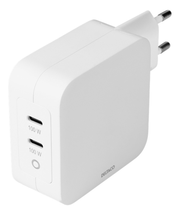 DELTACO USB-C wall charger, GaN technology, 2x USB-C PD, total 100 W i gruppen SMARTPHONES & TABLETS / Opladere og kabler / Vægoplader / Vægoplader USB hos TP E-commerce Nordic AB (A16674)