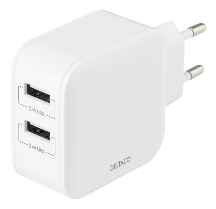 DELTACO Wall charger with dual USB-A ports, 4.8 A, 24 W, white i gruppen SMARTPHONES & TABLETS / Opladere og kabler / Vægoplader / Vægoplader USB hos TP E-commerce Nordic AB (A16717)