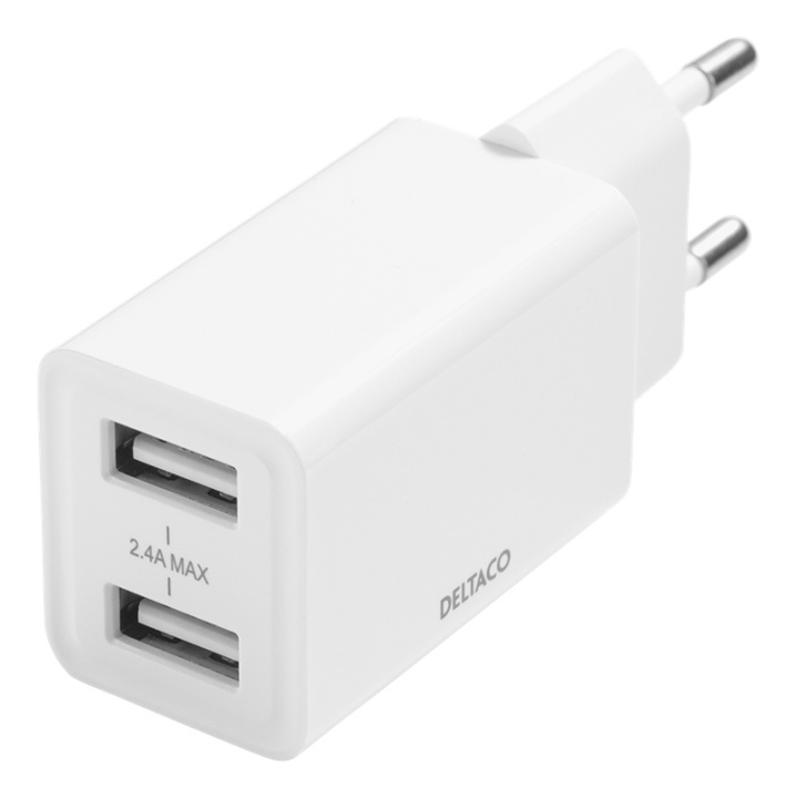 DELTACO USB wall charger, 2x USB-A, 2,4 A, total 12 W, white i gruppen SMARTPHONES & TABLETS / Opladere og kabler / Vægoplader / Vægoplader USB hos TP E-commerce Nordic AB (A17219)