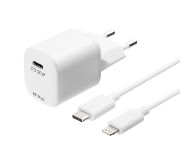 DELTACO USB wall charger, USB-C, PD 20 W, including 1 m C to Lightning i gruppen SMARTPHONES & TABLETS / Opladere og kabler / Vægoplader / Vægoplader USB hos TP E-commerce Nordic AB (A17220)