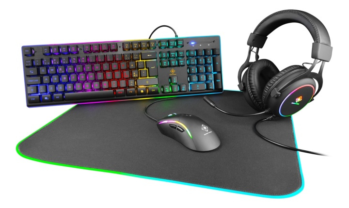 DELTACO GAMING 4in1 RGB-kit med tastatur, mus, headset, musemåtte i gruppen COMPUTERTILBEHØR / Mus og tastatur / Tastatur / Pakke hos TP E-commerce Nordic AB (A17314)