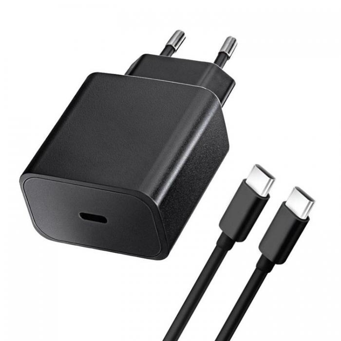 Snabbladdare 25W USB-C med USB C-C kabel 1 meter, Svart i gruppen SMARTPHONES & TABLETS / Opladere og kabler / Vægoplader / Væg oplader Type C hos TP E-commerce Nordic AB (A21138)