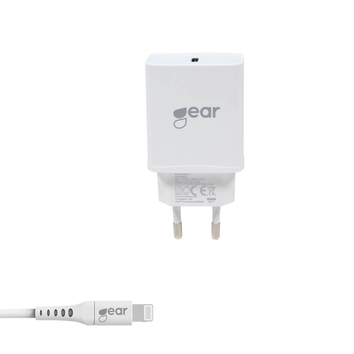 GEAR Lader 220V 1xUSB-C PD 30W Kabel Lightning til USB-C i gruppen SMARTPHONES & TABLETS / Opladere og kabler / Vægoplader / Væg oplader Type C hos TP E-commerce Nordic AB (C03931)