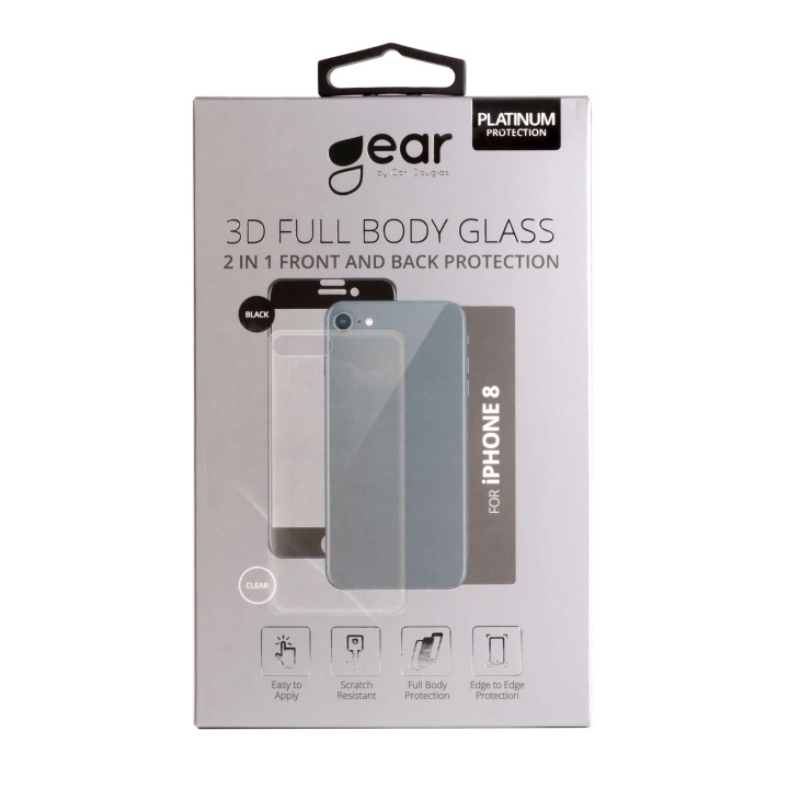 Gear Hærdet Glas 3D 2in1 Front & Back Edge to Edge Sort/Klar bagside iPhone 8 i gruppen SMARTPHONES & TABLETS / Mobil Beskyttelse / Apple / iPhone 8 / Skærmbeskyttelse hos TP E-commerce Nordic AB (C04218)