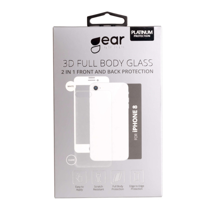 Gear Hærdet Glas 3D 2in1 Front & Back Edge to Edge Hvid/Klar bagside iPhone 8 i gruppen SMARTPHONES & TABLETS / Mobil Beskyttelse / Apple / iPhone 8 / Skærmbeskyttelse hos TP E-commerce Nordic AB (C04219)