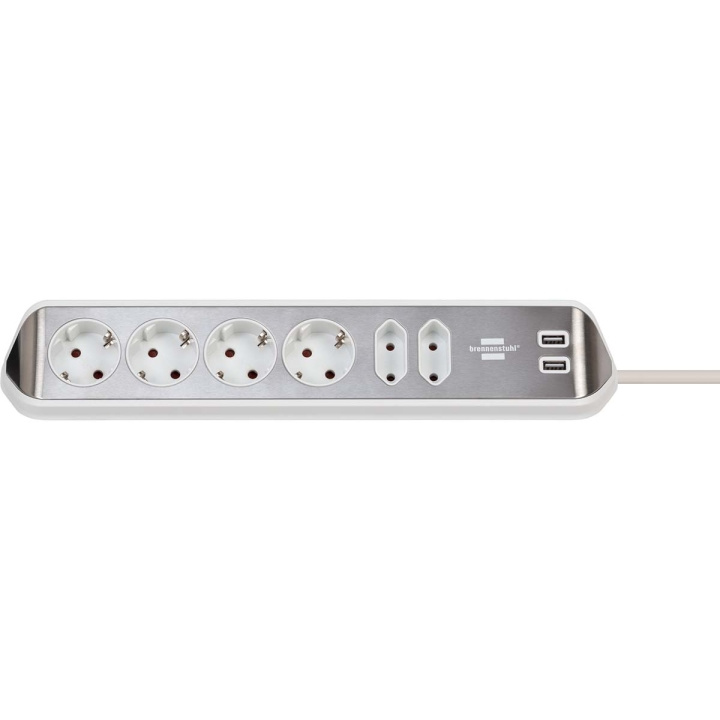 brennenstuhl Estilo 6-vejs hjørnestikdåse med højkvalitets rustfri ståloverflade til køkken og kontor (skrivebordsstik med 4x beskyttende kontaktstik, 2x Euro-stik, inkl. USB-opladningsfunktion) sølv/hvid TYPE F i gruppen HJEM, HUS & HAVE / Elektricitet & Belysning / Stikdåse hos TP E-commerce Nordic AB (C08294)
