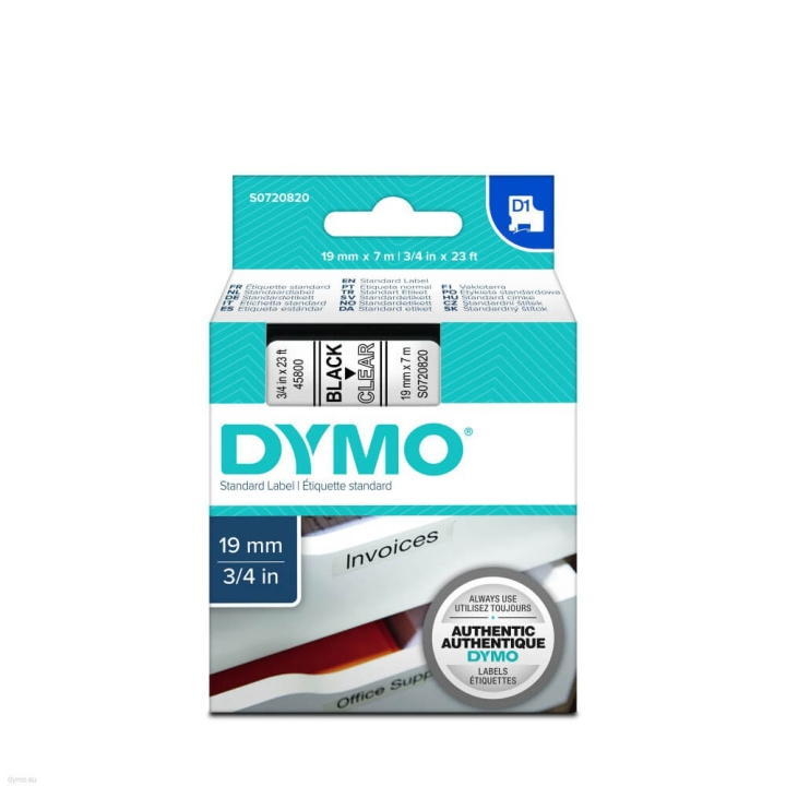 dymo Farvetape S0720820 45800 19mm Sort på Transparent i gruppen COMPUTERTILBEHØR / Printere og tilbehør / Printere / Labelmaskiner og tilbehør / Tape hos TP E-commerce Nordic AB (C12704)