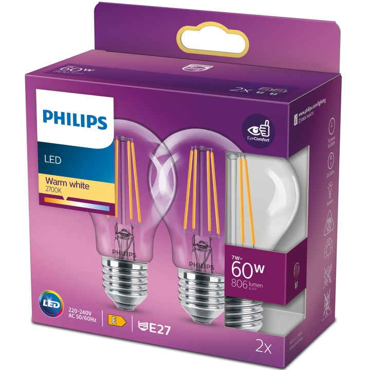 Philips 2-pack LED E27 Normal 7W (60W) Klar 806lm i gruppen HJEMMEELEKTRONIK / Lys / LED lamper hos TP E-commerce Nordic AB (C13204)