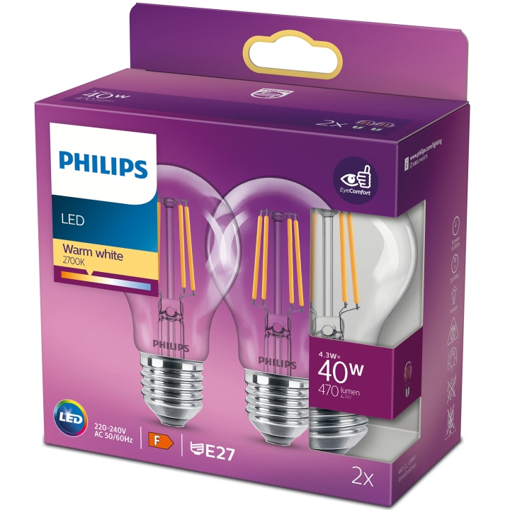 Philips 2-pack LED E27 Normal 4,3W (40W) Klar 470lm i gruppen HJEMMEELEKTRONIK / Lys / LED lamper hos TP E-commerce Nordic AB (C13206)