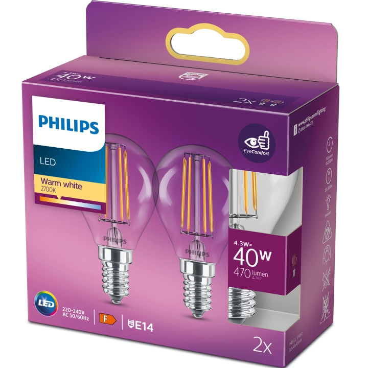 Philips 2-pack LED E14 Klot 4,3W (40W) Klar 250lm i gruppen HJEMMEELEKTRONIK / Lys / LED lamper hos TP E-commerce Nordic AB (C13207)