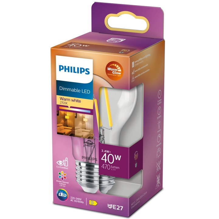 Philips LED E27 Normal 3,4W (40W) Klar Dim WarmGl 470 i gruppen HJEMMEELEKTRONIK / Lys / LED lamper hos TP E-commerce Nordic AB (C13208)