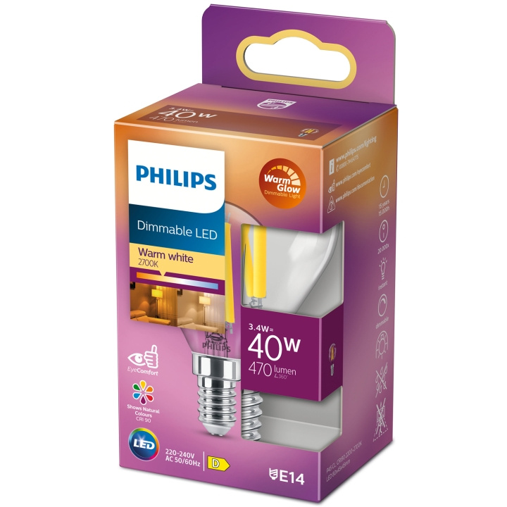 Philips LED E14 Klot 3,4W (40W) Klar Dim WarmGlow 470 i gruppen HJEMMEELEKTRONIK / Lys / LED lamper hos TP E-commerce Nordic AB (C13213)