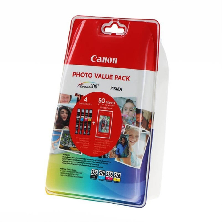 Canon Blæk Multipak + Papir 4540B017 CLI-526 Sort Cyan Magenta Gul i gruppen COMPUTERTILBEHØR / Printere og tilbehør / Blæk og toner / Blækpatroner / Canon hos TP E-commerce Nordic AB (C15944)