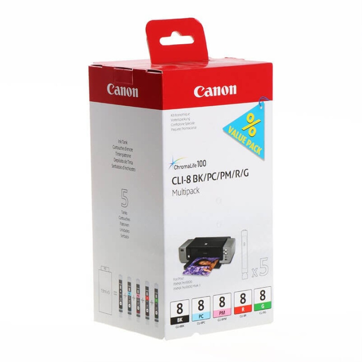 Canon Blæk 0620B027 CLI-8 Sort/Cyan/Magenta/Rød/Grøn i gruppen COMPUTERTILBEHØR / Printere og tilbehør / Blæk og toner / Blækpatroner / Canon hos TP E-commerce Nordic AB (C15967)