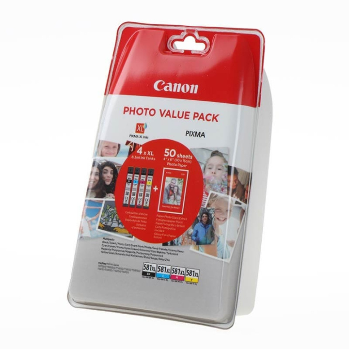 Canon Blæk Multipak + Papir 2052C004 CLI-581XL Sort Cyan Magenta Gul i gruppen COMPUTERTILBEHØR / Printere og tilbehør / Blæk og toner / Blækpatroner / Canon hos TP E-commerce Nordic AB (C16001)