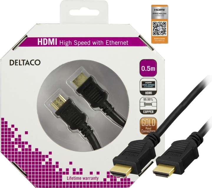DELTACO HDMI 1.4-kabel, HDMI Type A han guldbelagt, 0,5m, sort i gruppen HJEMMEELEKTRONIK / Kabler og adaptere / HDMI / Kabler hos TP E-commerce Nordic AB (C17894)