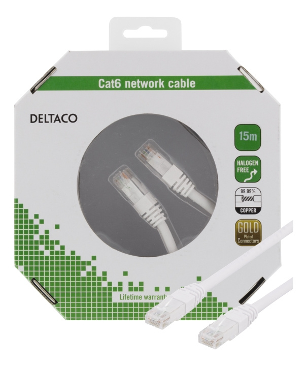 DELTACO U/UTP Cat6 patch cable, 15m, 250MHz, Delta, LSZH, white i gruppen COMPUTERTILBEHØR / Kabler og adaptere / Netværkskabler / Cat6 hos TP E-commerce Nordic AB (C18190)