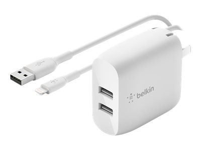 Belkin Väggladdare med 2x USB uttag + Lightning kabel 1m i gruppen SMARTPHONES & TABLETS / Opladere og kabler / Vægoplader / Vægoplader USB hos TP E-commerce Nordic AB (C18861)