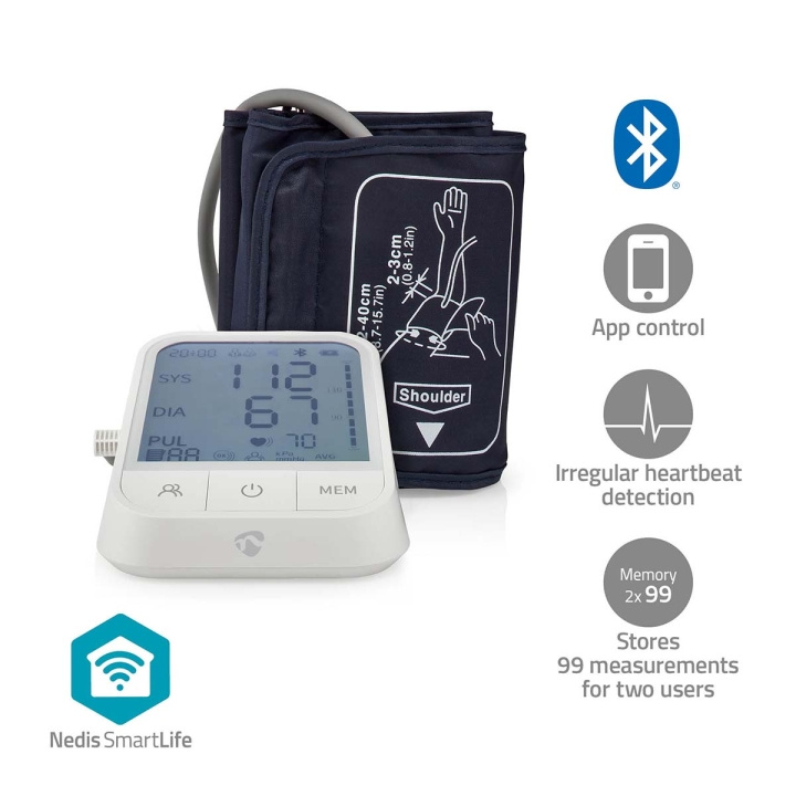 Nedis SmartLife Blodtryksmåler | Arm | Bluetooth® | LCD Display | 22 - 42 cm | Angivelse af stilstand / Detektion af uregelmæssig hjerterytme / Detektion af, om der er en manchet på | Hvid i gruppen SKØNHED & HELSE / Helse / Blodtryksmåler hos TP E-commerce Nordic AB (C25695)