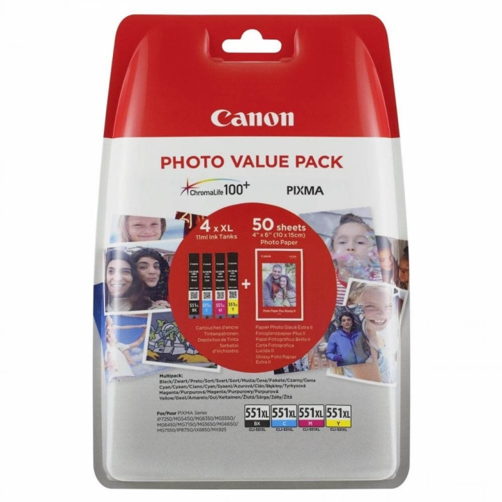 Canon Blæk Multipak + Papir 6443B006 CLI-551XL Sort Cyan Magenta Gul i gruppen COMPUTERTILBEHØR / Printere og tilbehør / Blæk og toner / Toner / Canon hos TP E-commerce Nordic AB (C26290)