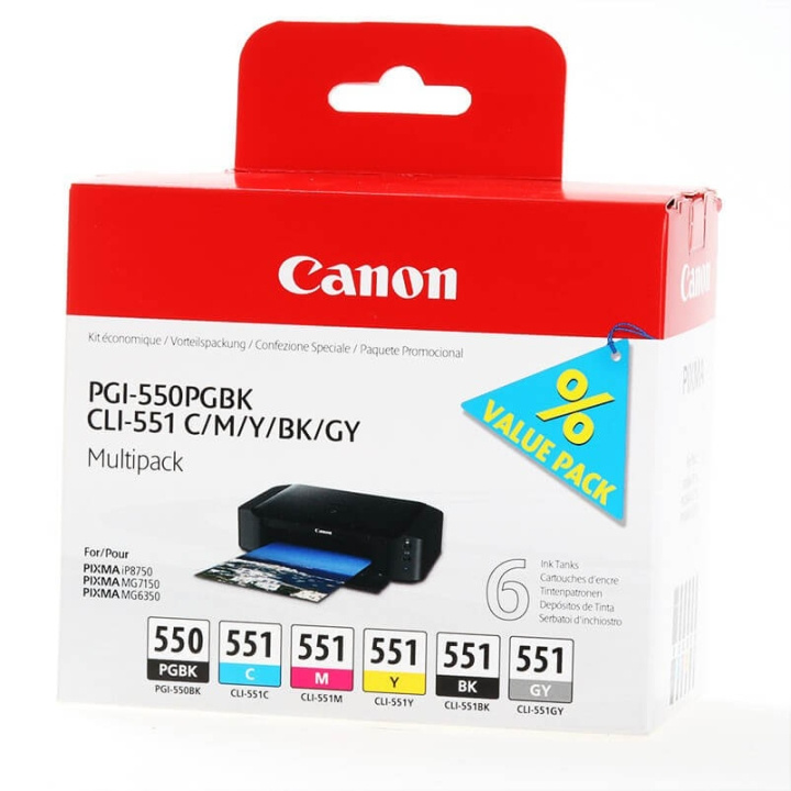 Canon Blæk Multipak 6496B005 PGI-550/CLI-551 PGBK/C/M/Y/BK/GY i gruppen COMPUTERTILBEHØR / Printere og tilbehør / Blæk og toner / Toner / Canon hos TP E-commerce Nordic AB (C26313)