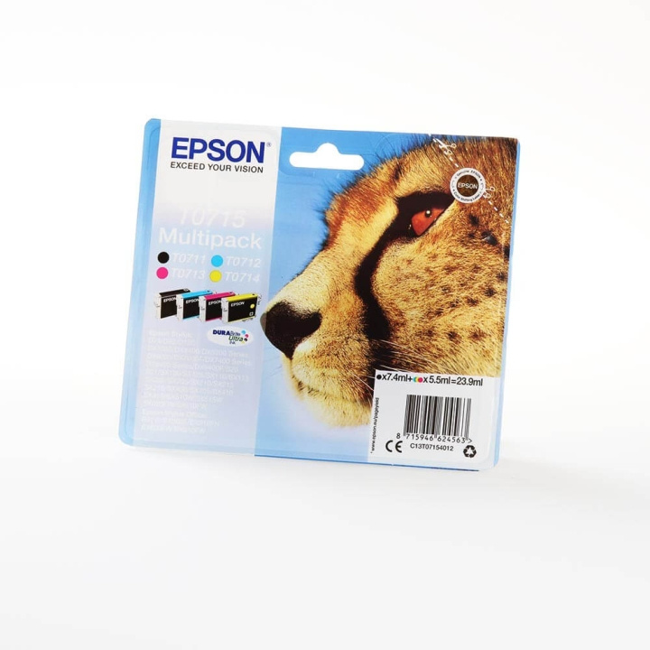 EPSON Blæk Multipak C13T07154012 T0715 Cheetah Sort Cyan Magenta Gul i gruppen COMPUTERTILBEHØR / Printere og tilbehør / Blæk og toner / Blækpatroner / Epson hos TP E-commerce Nordic AB (C26744)