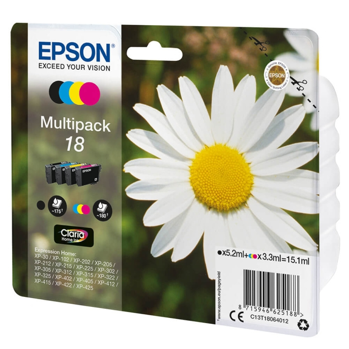 EPSON Blæk Multipak C13T18064012 18 Sort Cyan Magenta Gul i gruppen COMPUTERTILBEHØR / Printere og tilbehør / Blæk og toner / Blækpatroner / Epson hos TP E-commerce Nordic AB (C26777)