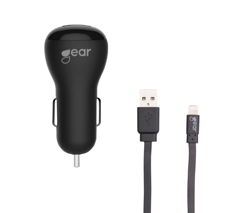 Gear Laddare 12-24V 2xUSB 2,4A Svart Lightning Kabel platt 1m MFI i gruppen COMPUTERTILBEHØR / Bærbare computere og tilbehør / Oplader / Bilopladere hos TP E-commerce Nordic AB (C28601)
