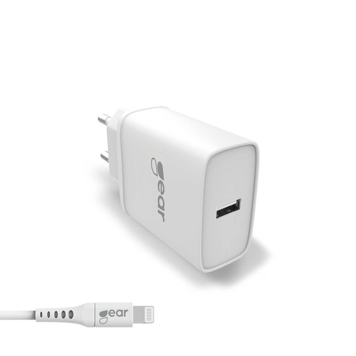 GEAR Lader 220V 1xUSB 2,4A Hvid Lightning Kabel 1m MFI C89 i gruppen SMARTPHONES & TABLETS / Opladere og kabler / Vægoplader / Vægoplader USB hos TP E-commerce Nordic AB (C28616)