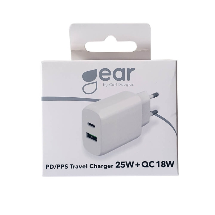 GEAR Lader 220V 1xUSB-C + 1xUSB-A PD/PPS 25W + 18W QC Hvid i gruppen SMARTPHONES & TABLETS / Opladere og kabler / Vægoplader / Væg oplader Type C hos TP E-commerce Nordic AB (C28631)