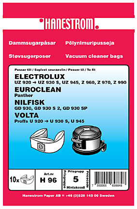 hanestroem Dammsugarpåsar Hanestrom Electrolux UZ 930 S 10-P i gruppen HJEM, HUS & HAVE / Rengøringsmidler / Støvsugere og tilbehør / Tilbehør / Støvsugerposer hos TP E-commerce Nordic AB (C33200)