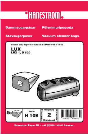 hanestroem Dammsugarpåsar Hanestrom LUX 1. D 820 i gruppen HJEM, HUS & HAVE / Rengøringsmidler / Støvsugere og tilbehør / Tilbehør / Støvsugerposer hos TP E-commerce Nordic AB (C33204)