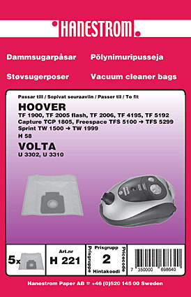 hanestroem Dammsugarpåsar Hanestrom Hoover TW 1650 Sprint i gruppen HJEM, HUS & HAVE / Rengøringsmidler / Støvsugere og tilbehør / Tilbehør / Støvsugerposer hos TP E-commerce Nordic AB (C33205)