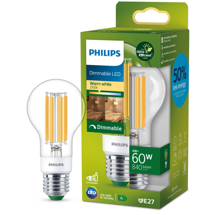 Philips LED E27 Normal 4W (60W) Klar Dimbar 840lm 2700K Energiklass A i gruppen HJEMMEELEKTRONIK / Lys / LED lamper hos TP E-commerce Nordic AB (C33750)