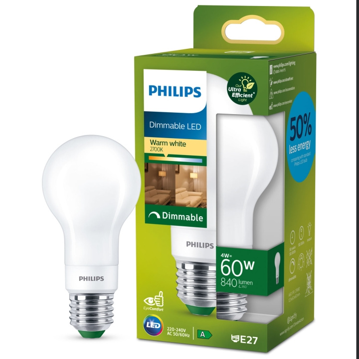 Philips LED E27 Normal 4W (60W) Frost Dimbar 840lm 2700K Energiklass A i gruppen HJEMMEELEKTRONIK / Lys / LED lamper hos TP E-commerce Nordic AB (C33751)