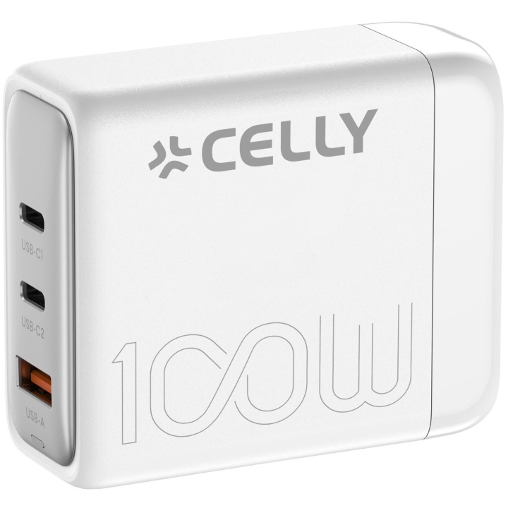 Celly Power Station 1 x USB-A + 2 x USB-C PD 100W GaN Vit i gruppen SMARTPHONES & TABLETS / Opladere og kabler / Vægoplader / Væg oplader Type C hos TP E-commerce Nordic AB (C33775)