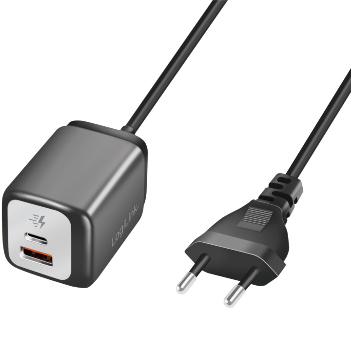 LogiLink USB-laddare 1xUSB-A + 1xUSB-C med fast kabel 1,5m GaN 30W i gruppen SMARTPHONES & TABLETS / Opladere og kabler / Vægoplader / Væg oplader Type C hos TP E-commerce Nordic AB (C37684)