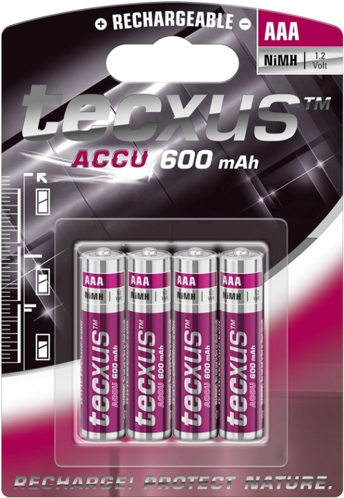 tecxus AAA (Micro)/HR03 genopladeligt batteri - 600 mAh, 4 stk. blister Nikkel-metalhydrid batteri (NiMH), 1,2 V i gruppen HJEMMEELEKTRONIK / Batterier og opladere / Genopladelige batterier / AAA hos TP E-commerce Nordic AB (C38790)