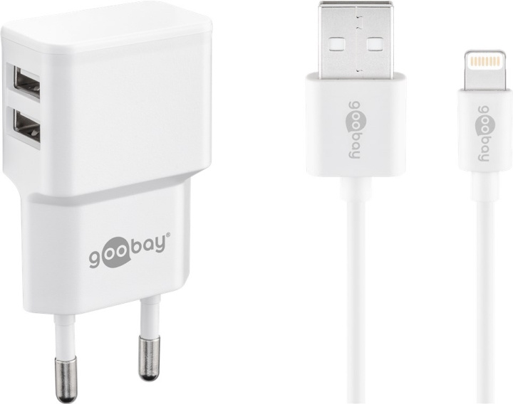 Goobay Apple Lightning Dual laddningssats (12 W) Strömförsörjningsenhet med 2x USB-uttag och Apple Lightning-kabel 1 m (vit) billede