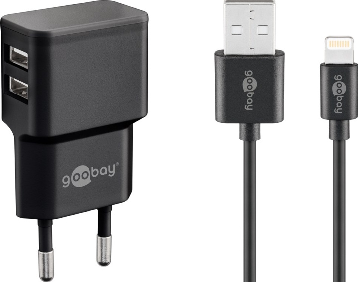 Goobay Apple Lightning Dual laddningssats (12 W) Strömförsörjningsenhet med 2x USB-uttag och Apple Lightning-kabel 1 m (svart) i gruppen SMARTPHONES & TABLETS / Opladere og kabler / Vægoplader / Vægoplader Lightning hos TP E-commerce Nordic AB (C43980)