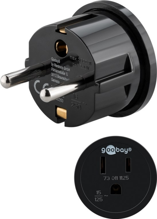 Goobay Nätadapter USA/Japan, svart stickkontakt med skyddsjord (typ F, CEE 7/7) > amerikanskt/japanskt uttag (typ B, NEMA 5-15, 3-polig) i gruppen HJEM, HUS & HAVE / Elektricitet & Belysning / Rejseadaptere hos TP E-commerce Nordic AB (C43987)