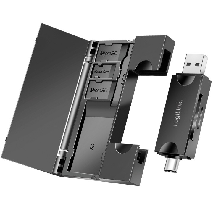LogiLink Minneskortsläsare USB-C + USB-A MicroSD - och SD-kort inkl. förvaring i gruppen HJEMMEELEKTRONIK / Lagringsmedier / Hukommelseskortlæser hos TP E-commerce Nordic AB (C44261)