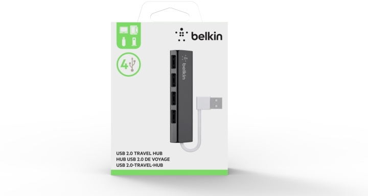 Belkin 4-Port Slim Travel USB Hub -4-porttinen USB 2.0-hubi, musta i gruppen COMPUTERTILBEHØR / Computer Tilbehør / USB-hubs hos TP E-commerce Nordic AB (C44457)